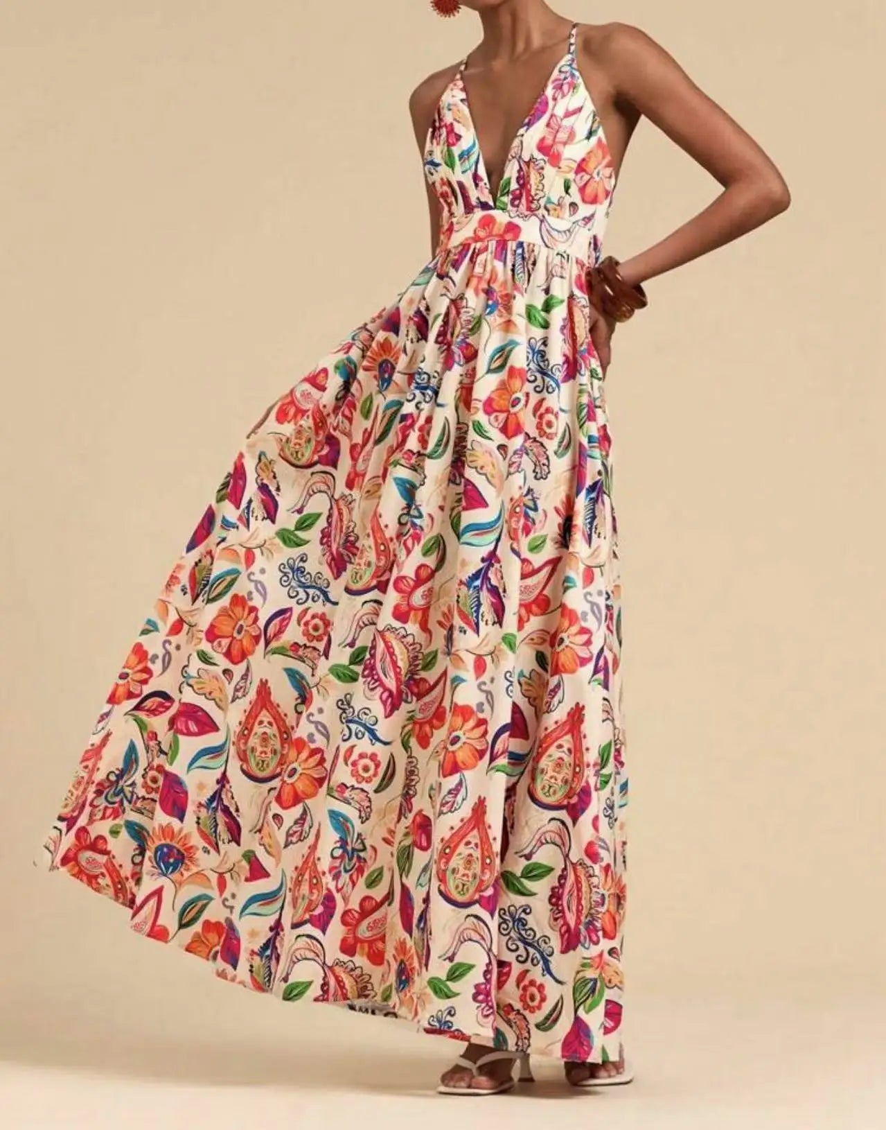Printed Halter Maxi Dress Set - Bold V-Neck Summer Dress