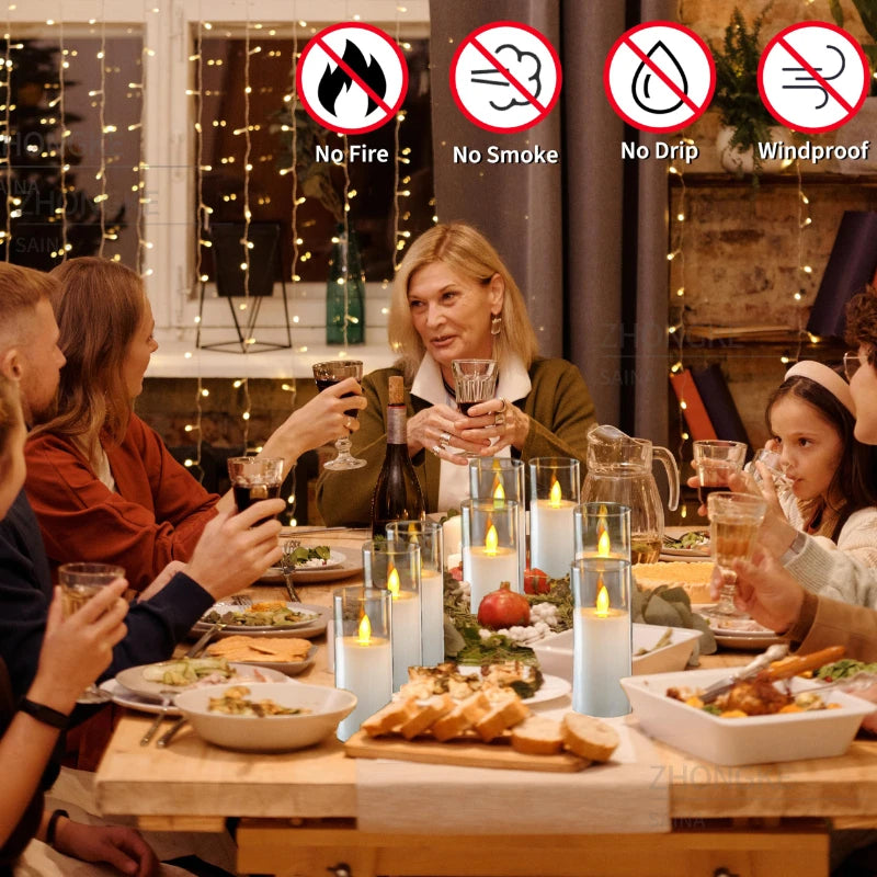 People enjoying a meal together with a table full of food and drinks, surrounded by no-smoke, no-fire, no-drip, and windproof symbols.