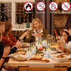 People enjoying a meal together with a table full of food and drinks, surrounded by no-smoke, no-fire, no-drip, and windproof symbols.