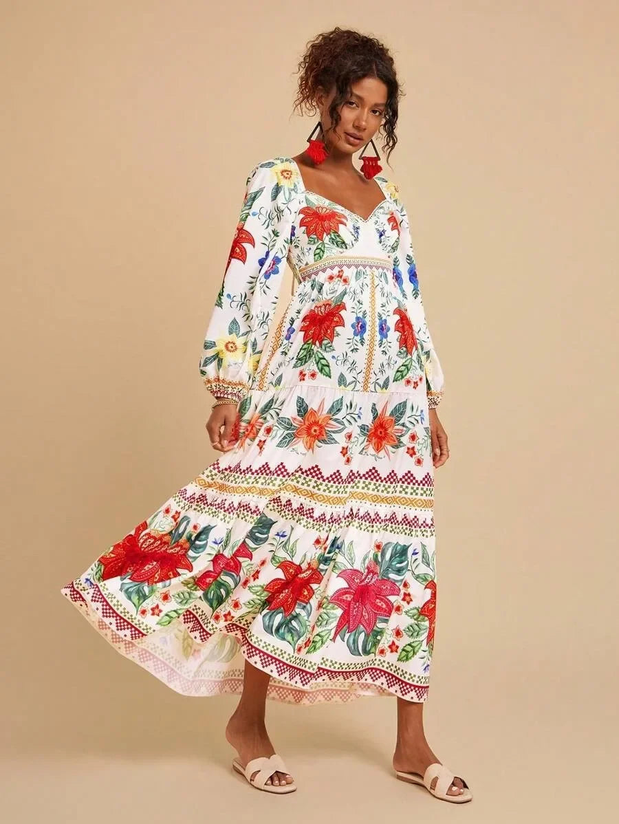 Floral Print V-Neck Maxi Dress - Long Sleeve Empire Waist