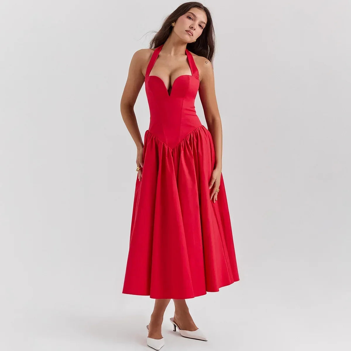 Halter Neck Fit and Flare Midi Dress - Cottagecore Style