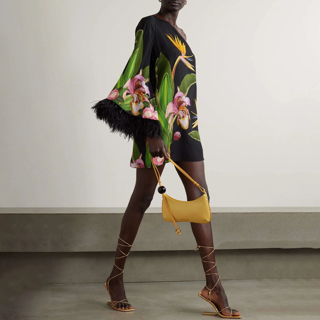Floral Print One-Shoulder Feather Sleeve Maxi Dress