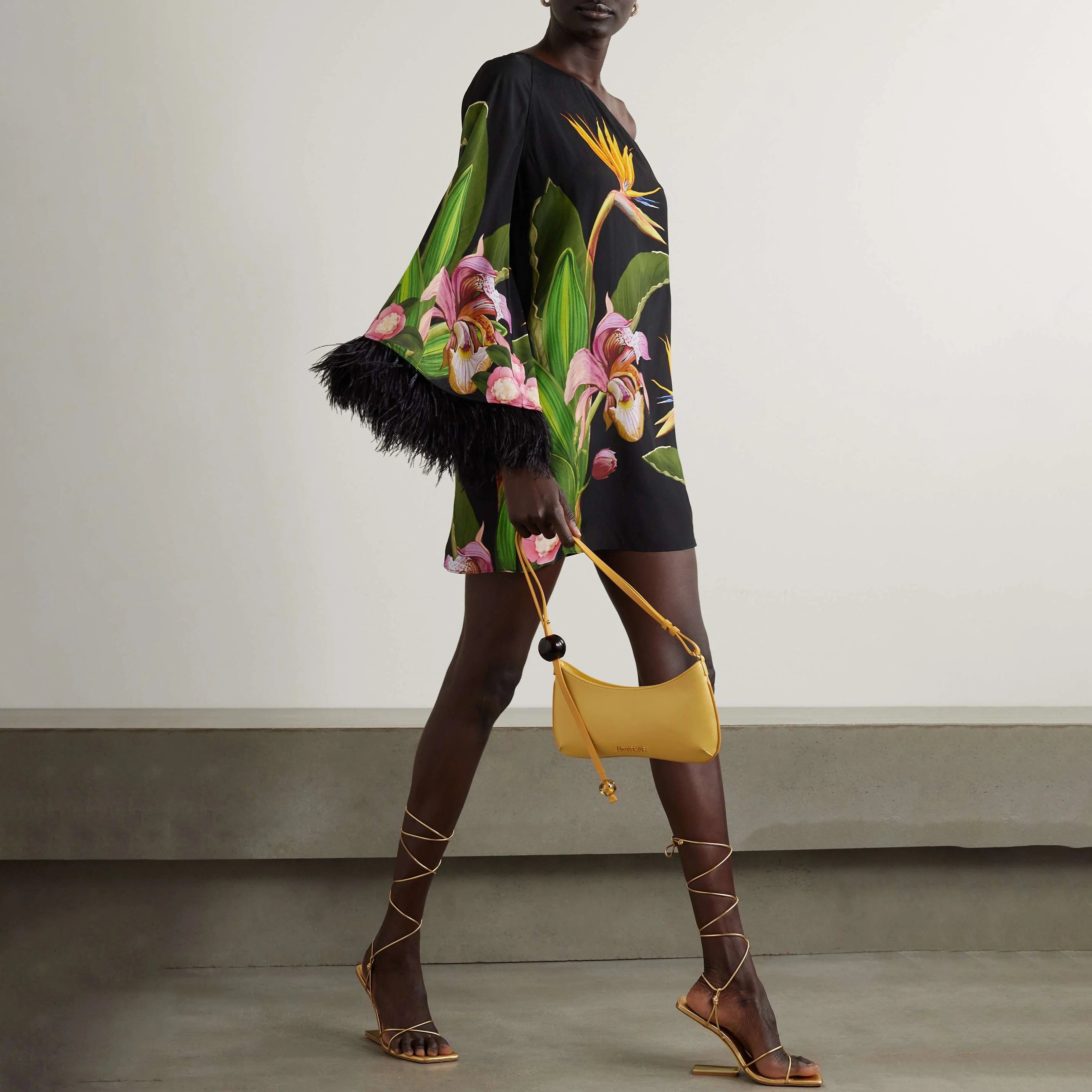 Floral Print One-Shoulder Feather Sleeve Maxi Dress