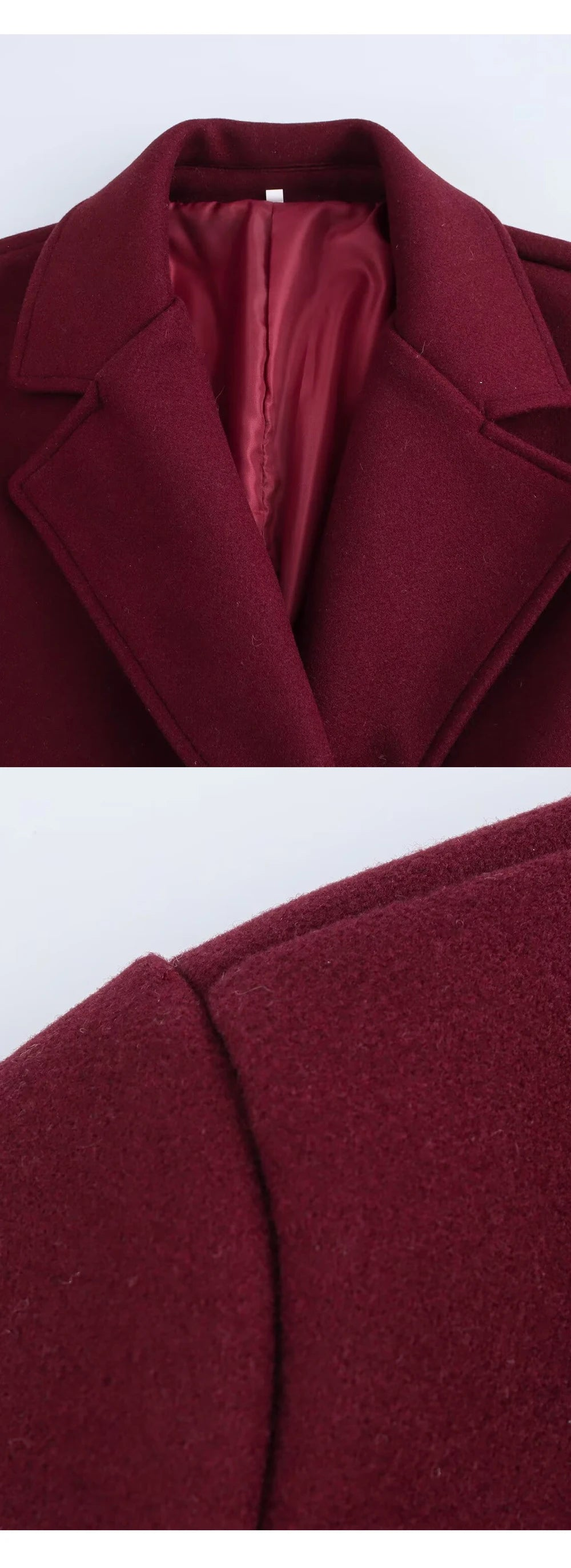 Burgundy coat with a close-up of the fabric texture on a light gray background.