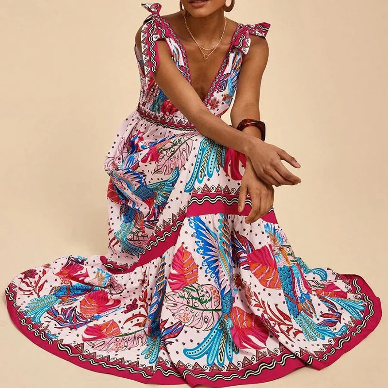 Floral Print Off-Shoulder Maxi Dress - Pleated Sleeveless V-Neck