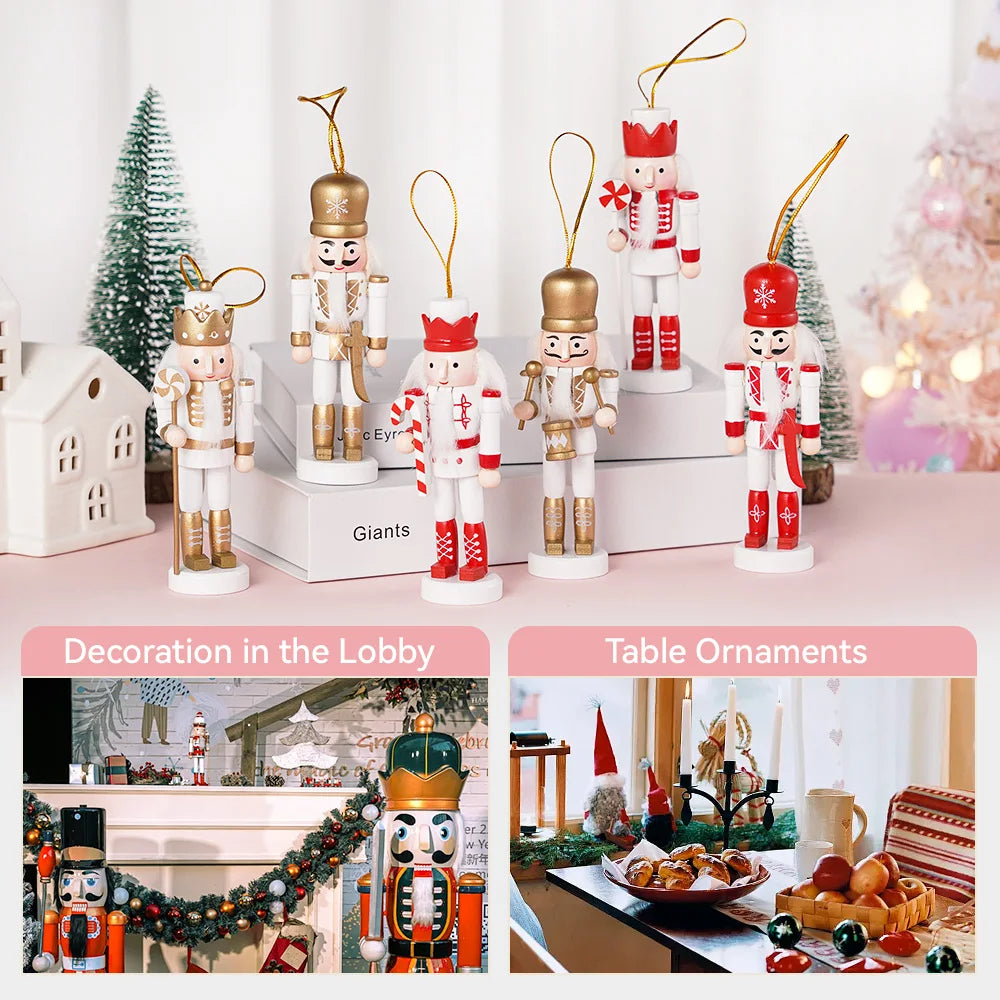 Decorative nutcrackers in various settings including a lobby and table.