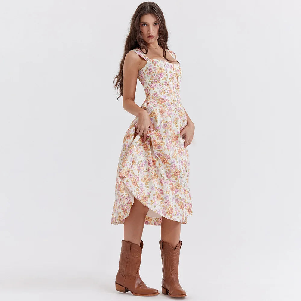 Floral Print A-Line Corset Midi Dress - Cottagecore Style