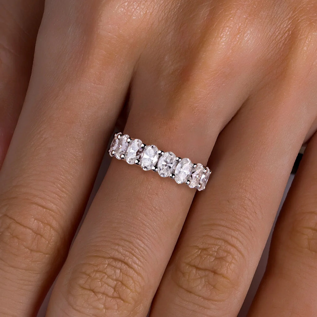 0.5ct Oval Moissanite Half Eternity Band - Sterling Silver Wedding Ring