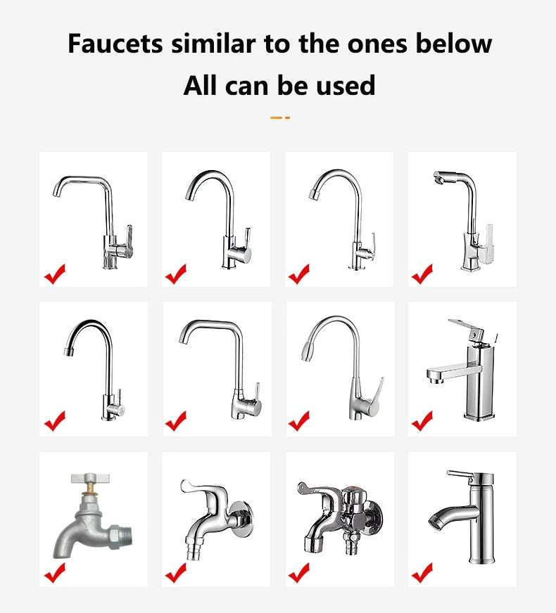 Illustration of various faucets with red checkmarks indicating compatibility.