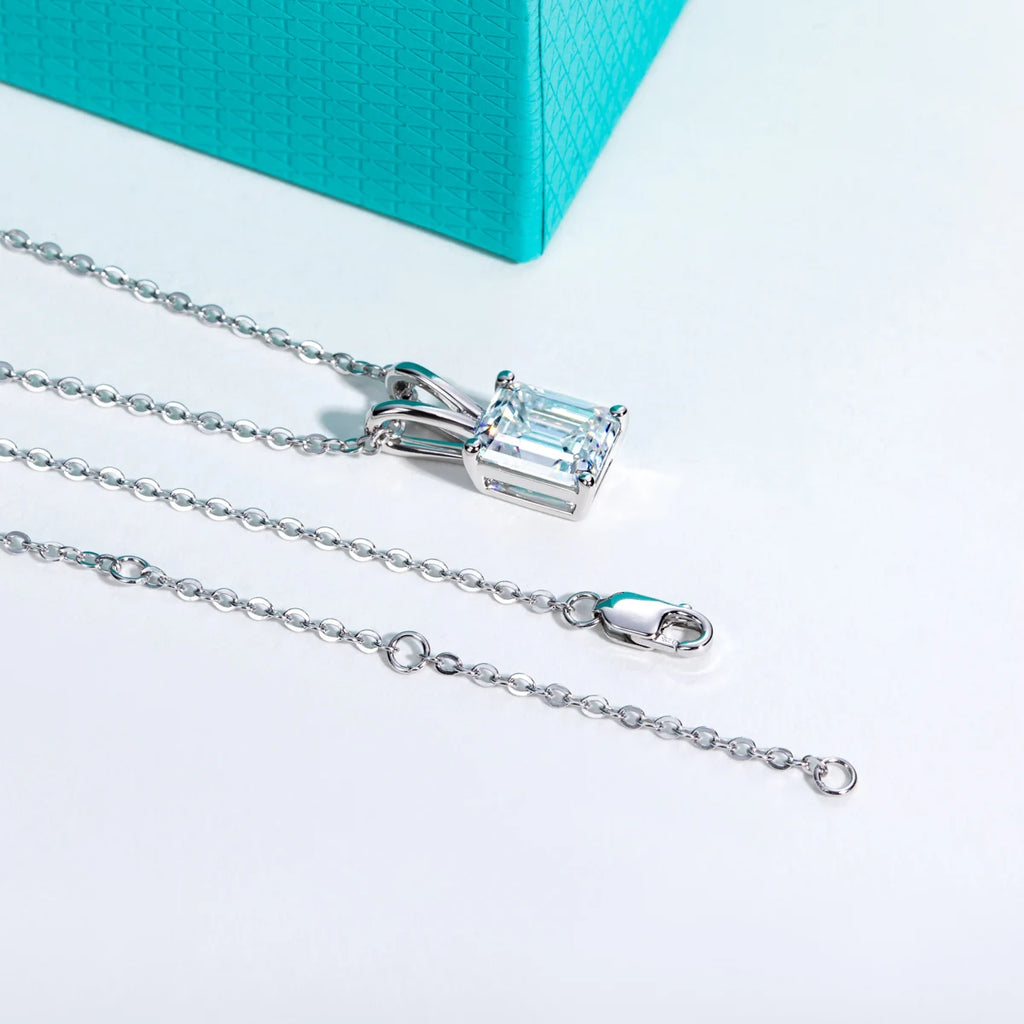 Emerald Cut Moissanite Pendant Necklace - 925 Sterling Silver D Color