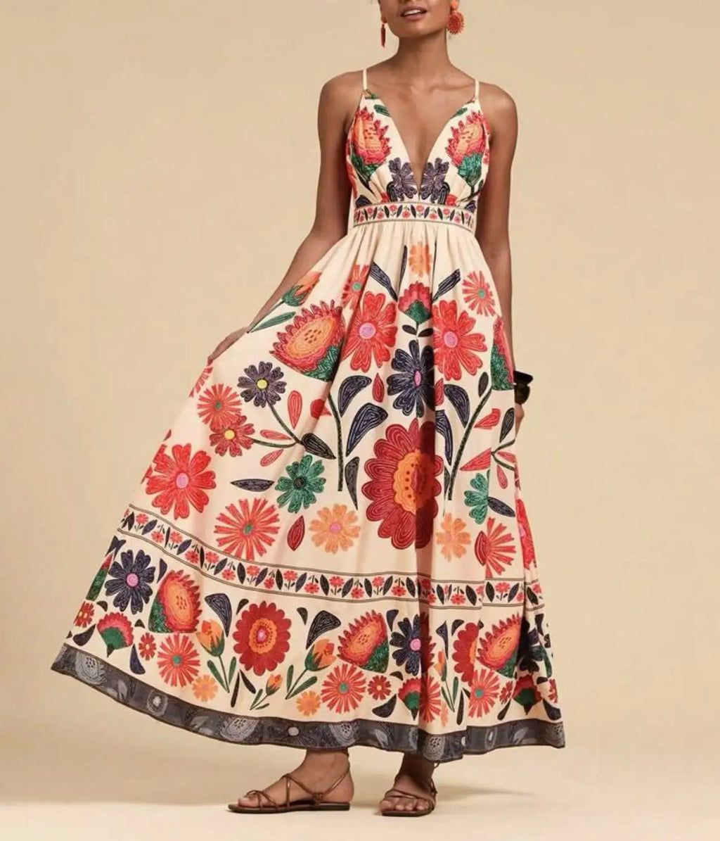 Printed Halter Maxi Dress Set - Bold V-Neck Summer Dress