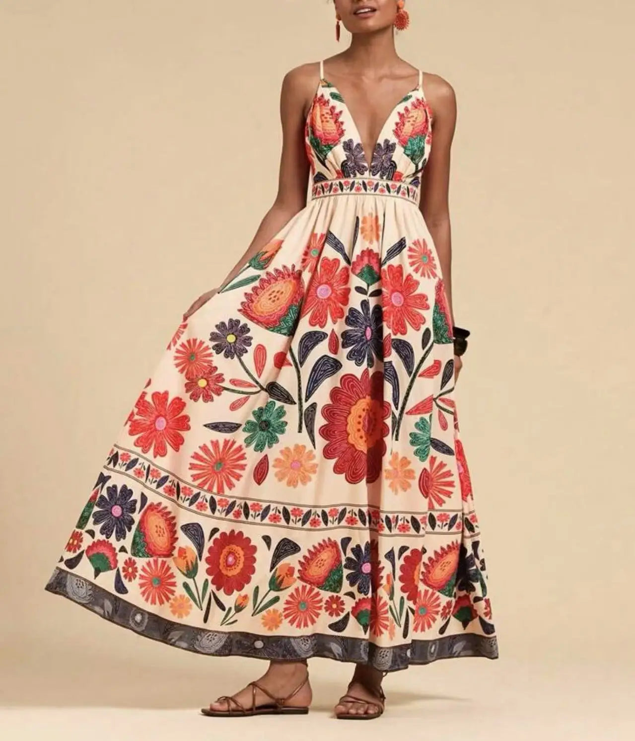 Printed Halter Maxi Dress Set - Bold V-Neck Summer Dress