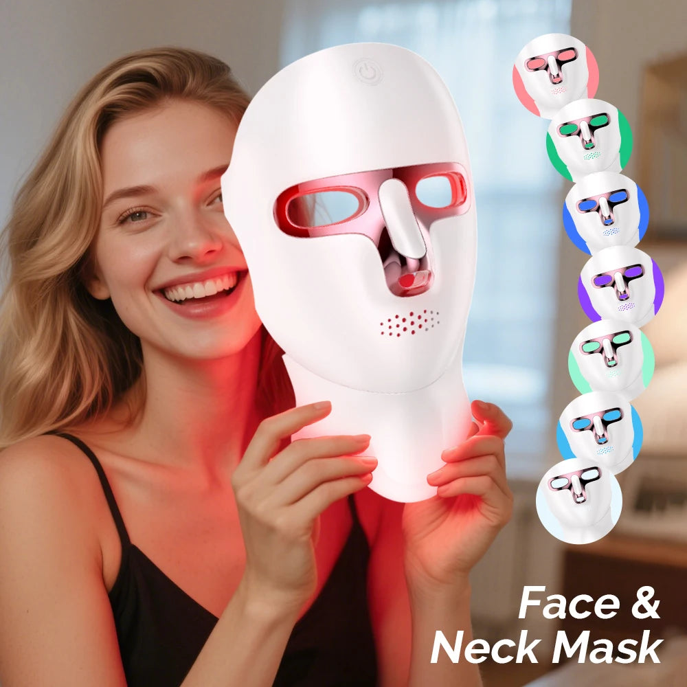Wireless 7-Color LED Facial & Neck Mask – Rechargeable Light Therapy