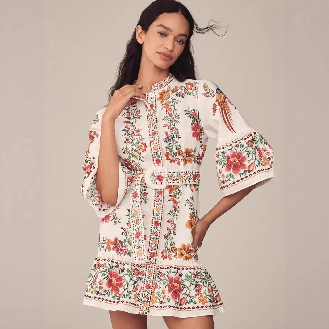 Floral Print V-Neck Linen Maxi Dress - Lantern Sleeve Waist-Cinching