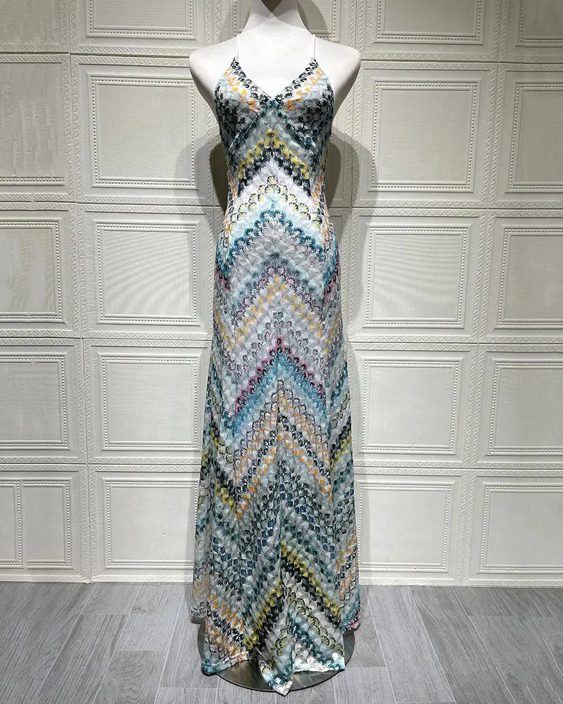 Crochet Halter Maxi Dress - V-Neck Backless Knit Dress