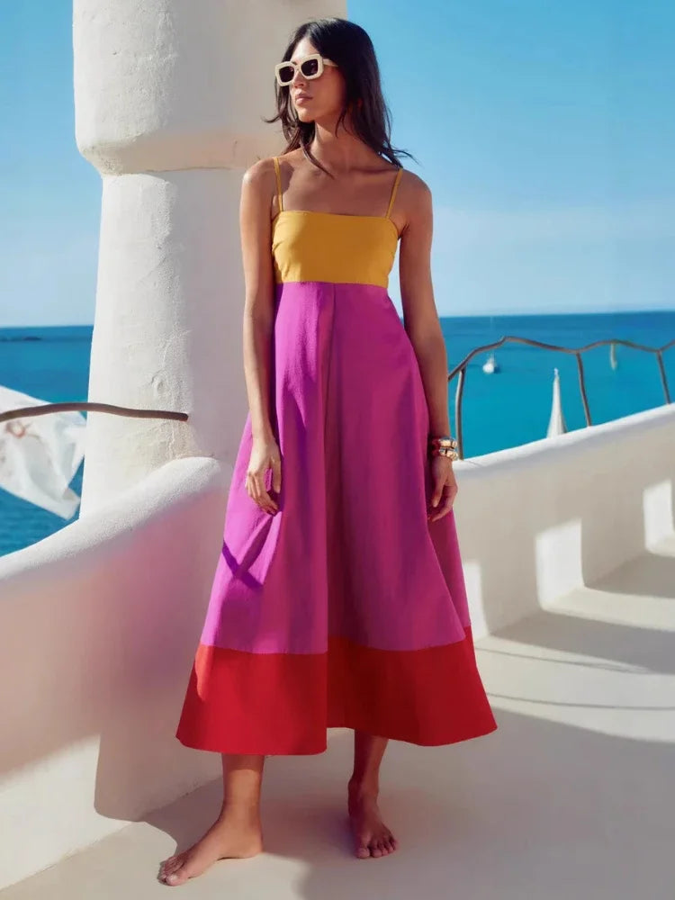 Spaghetti Strap Maxi Dress - Color Block Elegant Silhouette