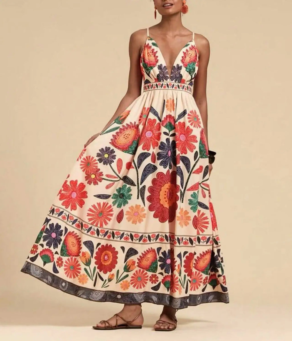 Printed Halter Maxi Dress Set - Bold V-Neck Summer Dress