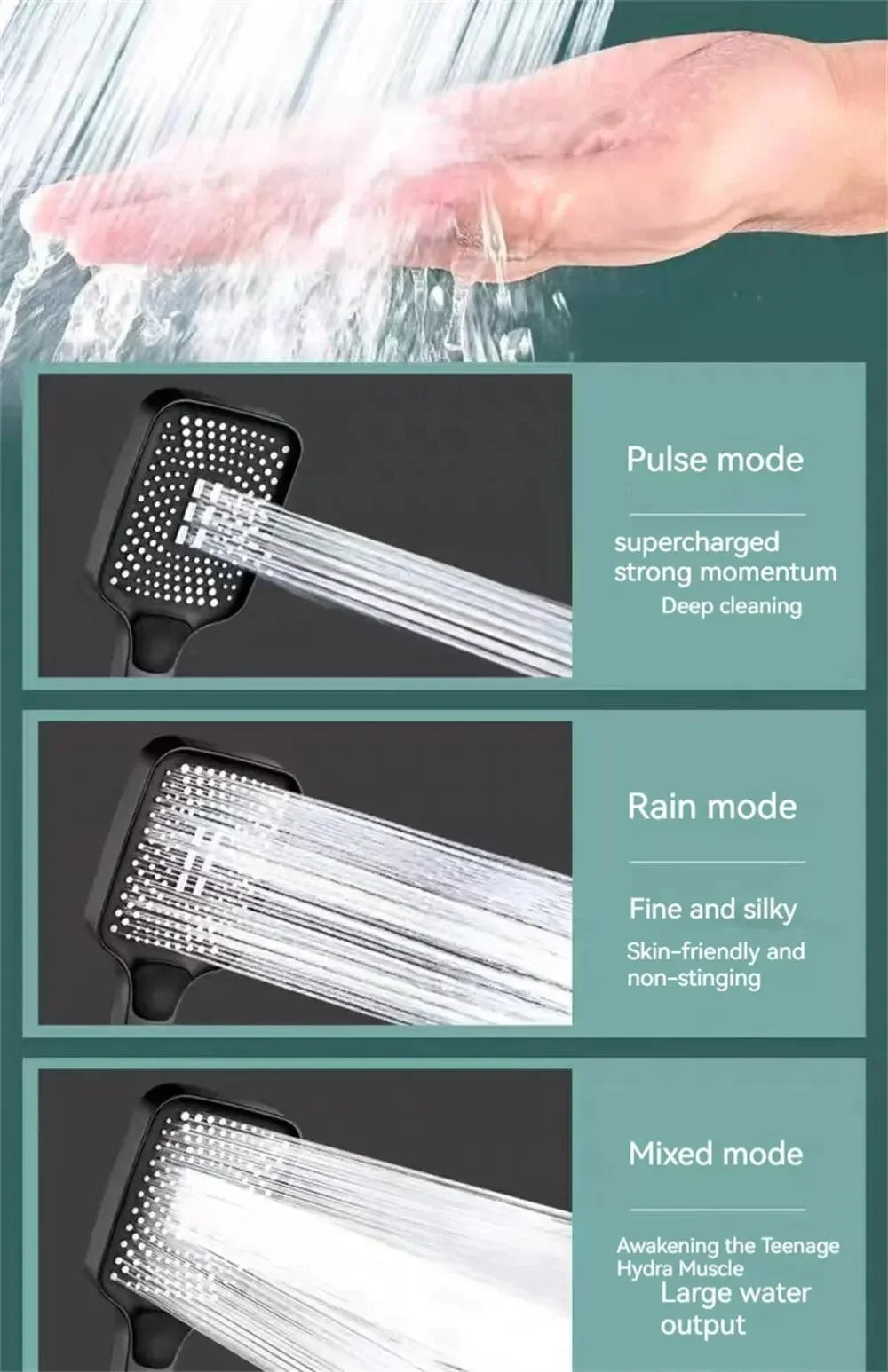 Handheld shower head with different modes and water flow demonstrations.