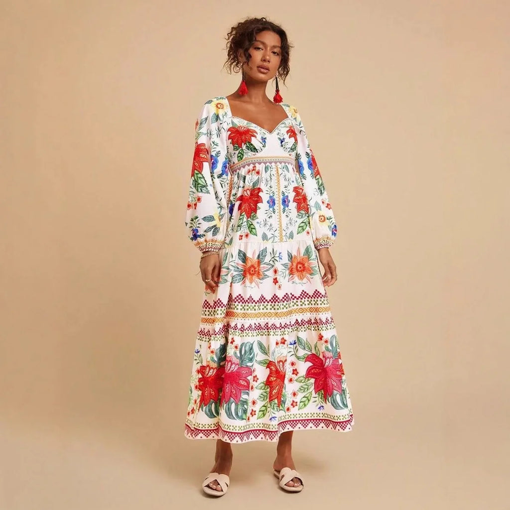 Floral Print V-Neck Maxi Dress - Long Sleeve Empire Waist