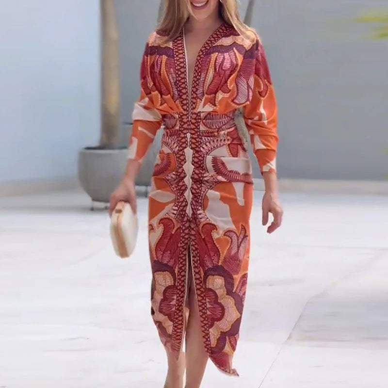 Woman wearing a patterned dress with a blurred background