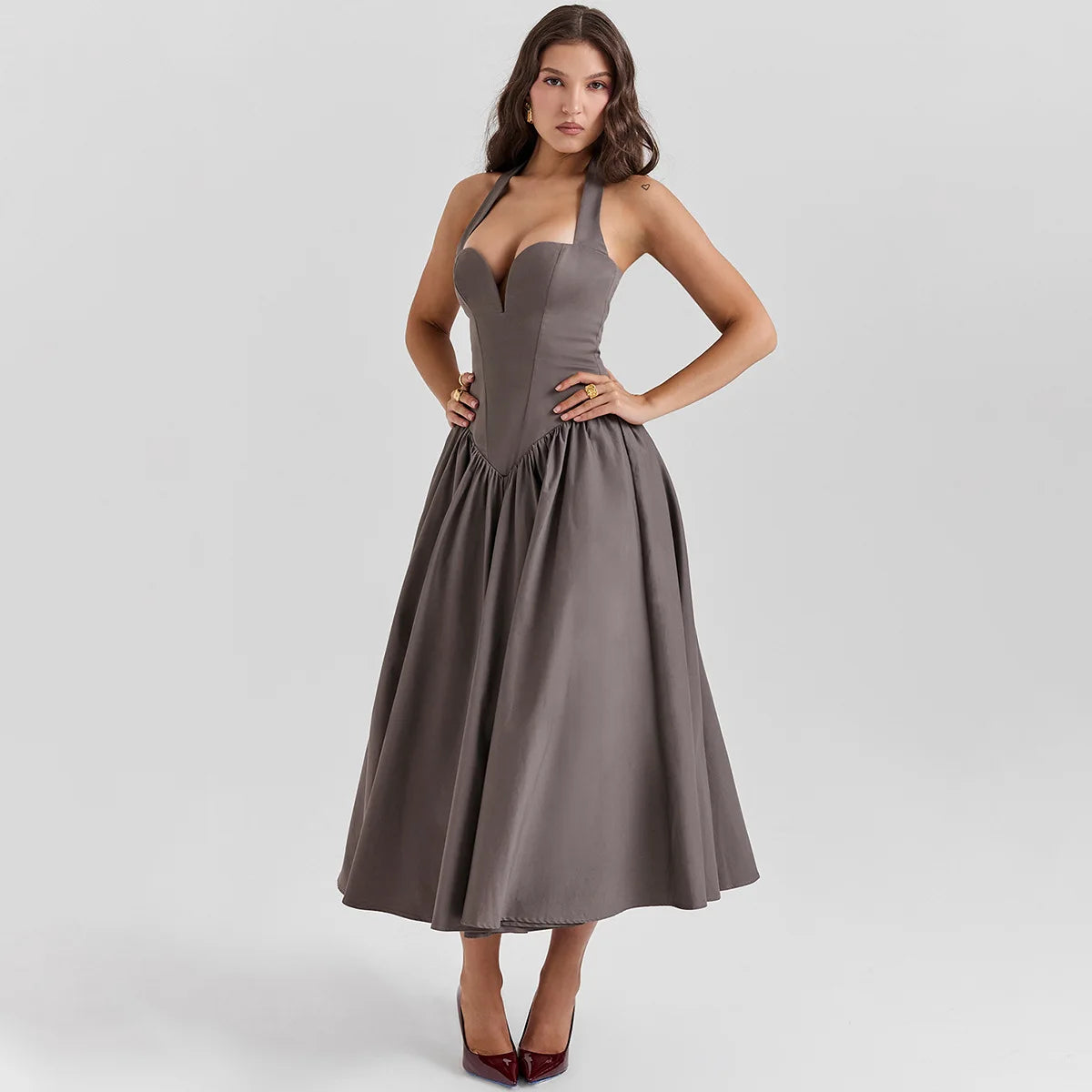 Halter Neck Fit and Flare Midi Dress - Cottagecore Style