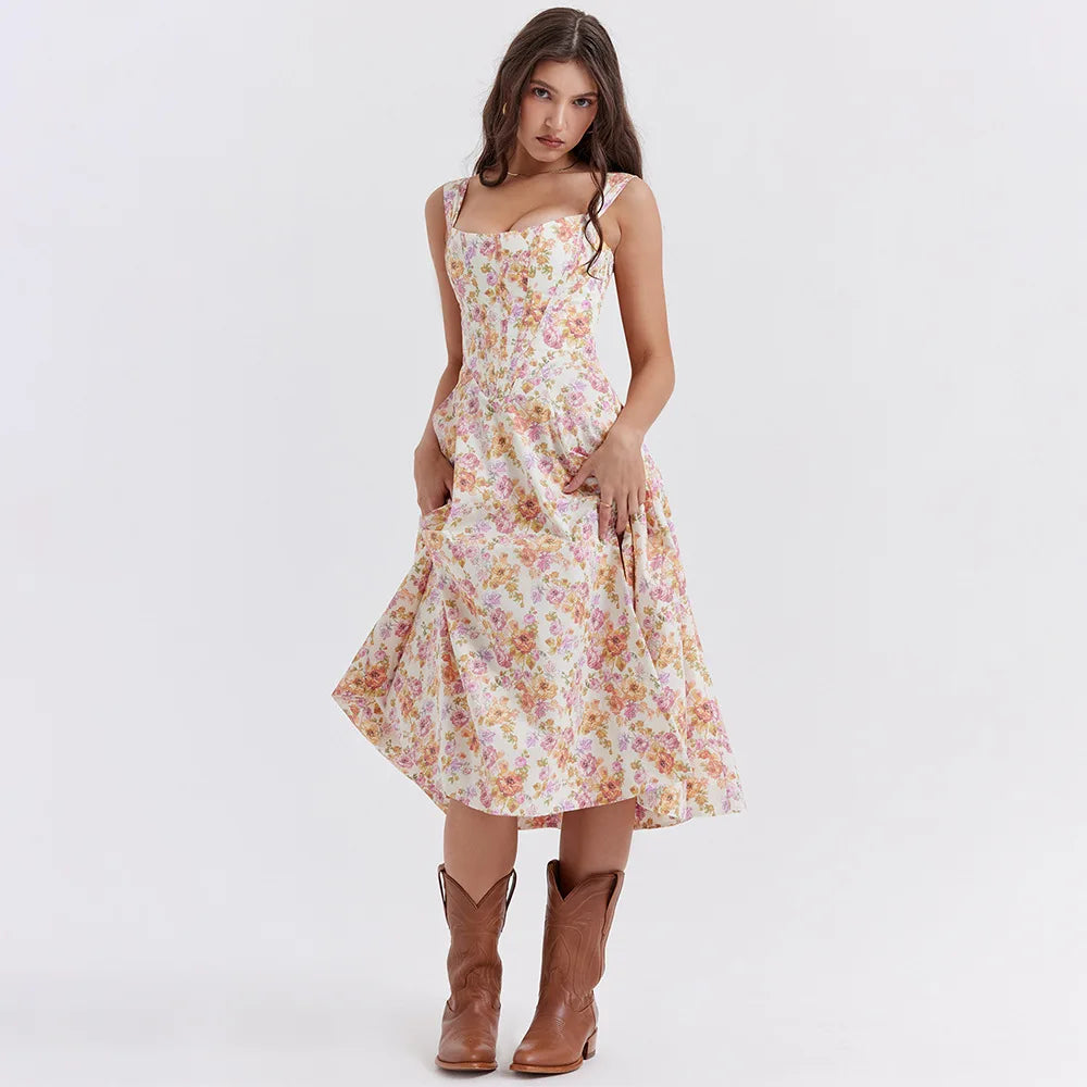 Floral Print A-Line Corset Midi Dress - Cottagecore Style