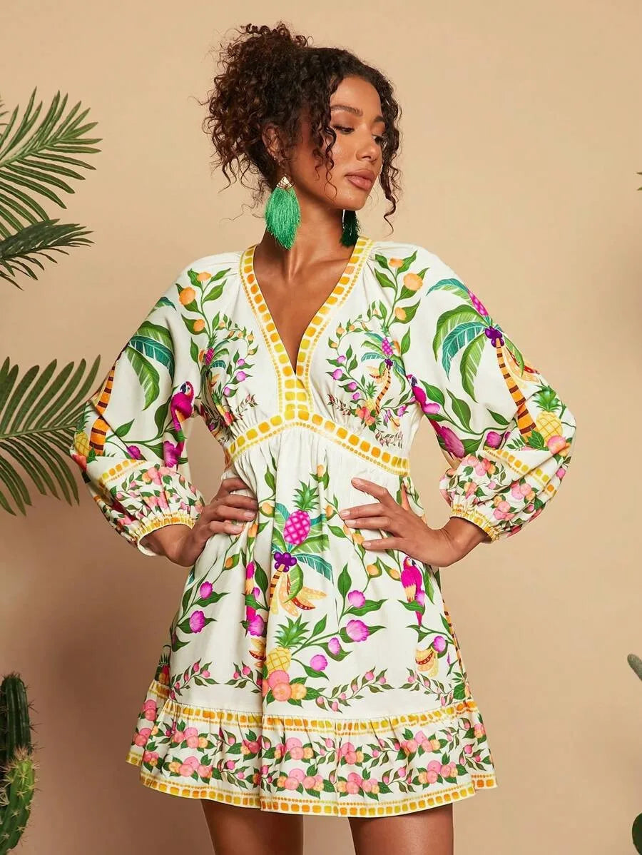 Floral Print V-Neck Midi Dress - 3/4 Sleeve High Waist Boho