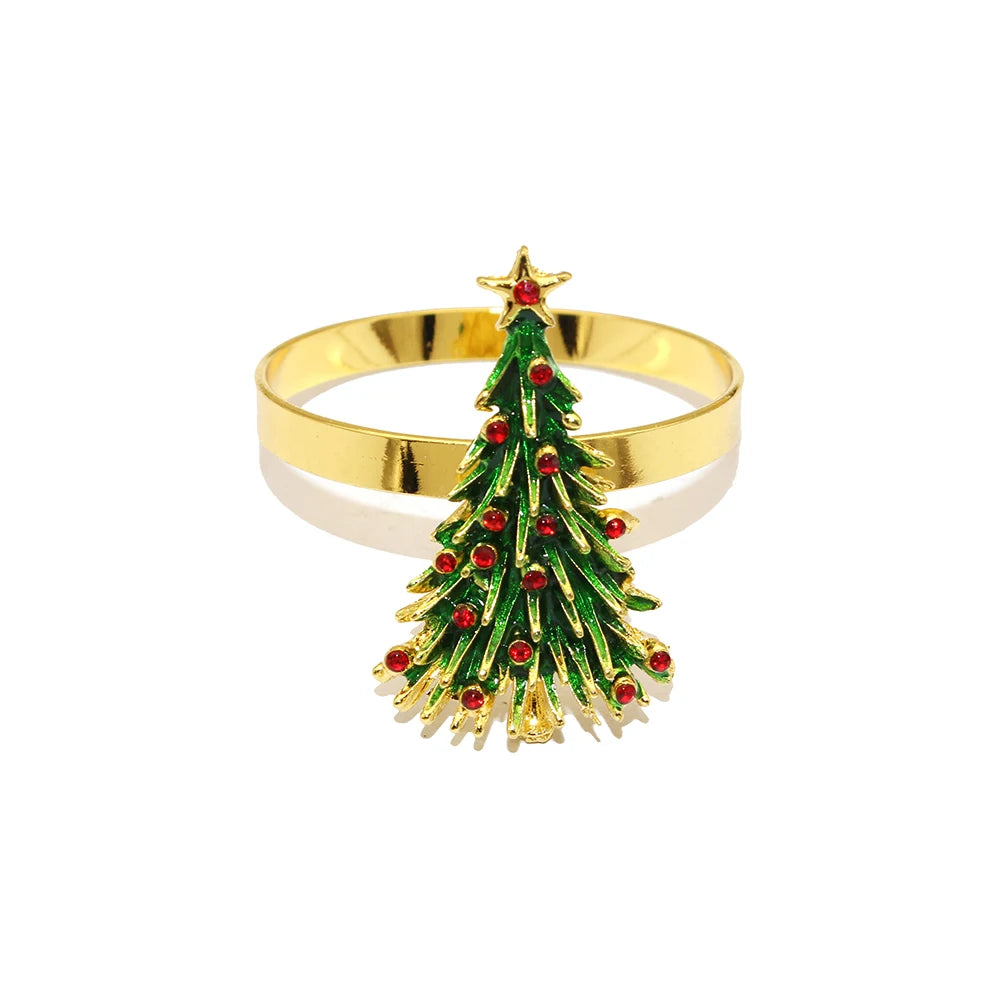 Gold napkin ring with a Christmas tree design on a white background