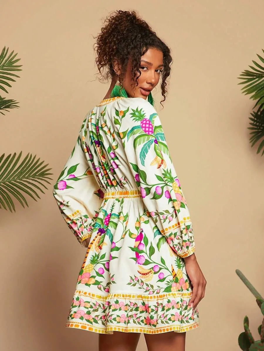 Floral Print V-Neck Midi Dress - 3/4 Sleeve High Waist Boho