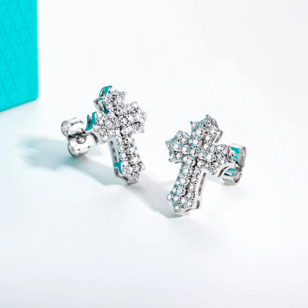 0.78ct Iced Out Moissanite Cross Stud Earrings - 925 Sterling Silver