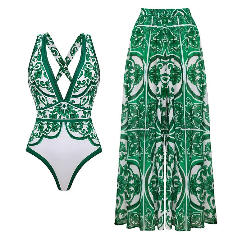 Deep V-Neck Swimsuit - Majolica Print Beachwear