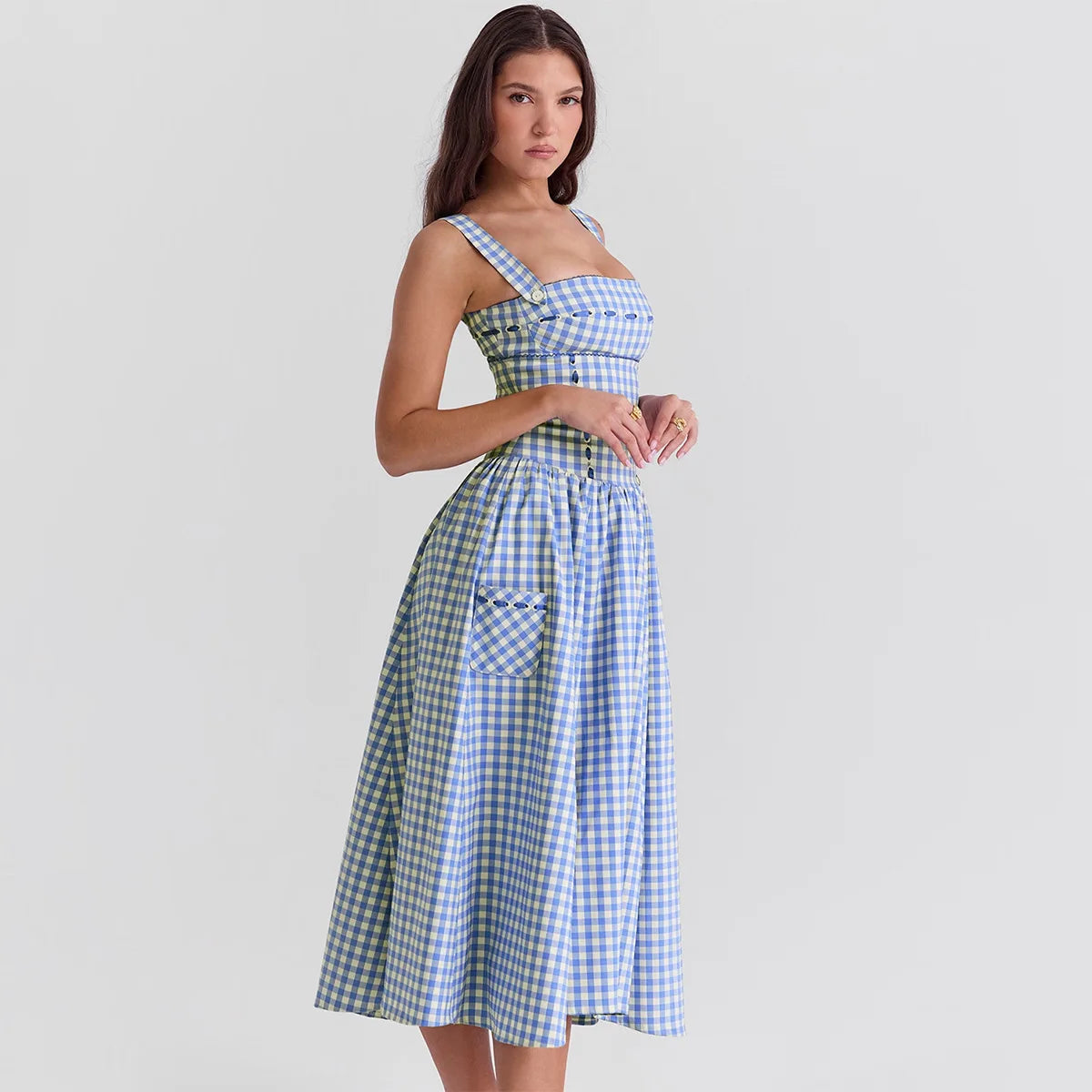 Plaid Spaghetti Strap Maxi Dress with Pockets - Cottagecore Style
