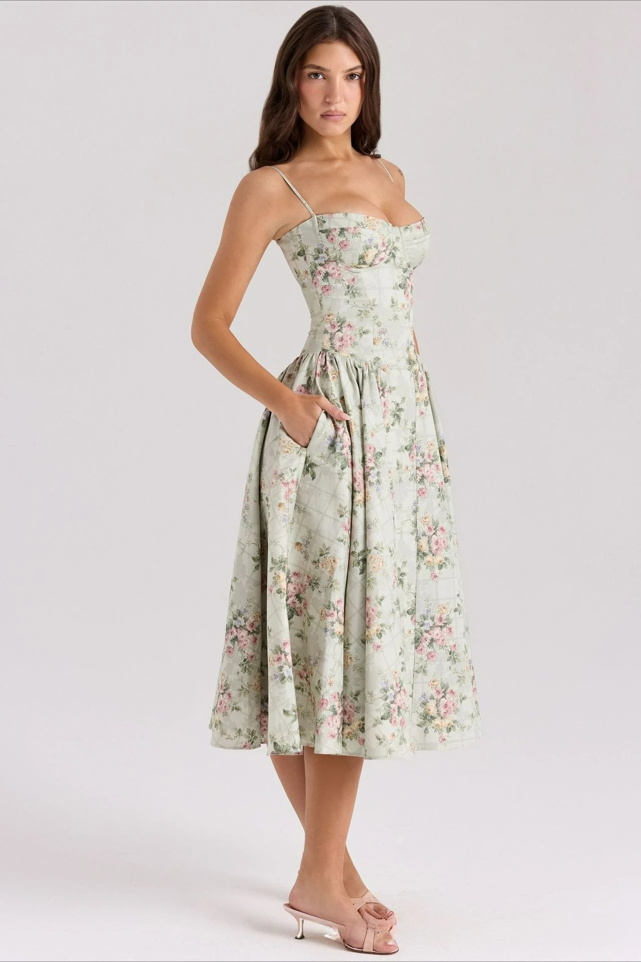 Floral Print Corset Midi Dress - Cottagecore Style