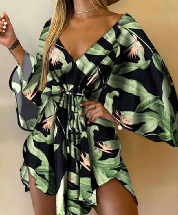 V-Neck Floral Bat Sleeve Mini Dress