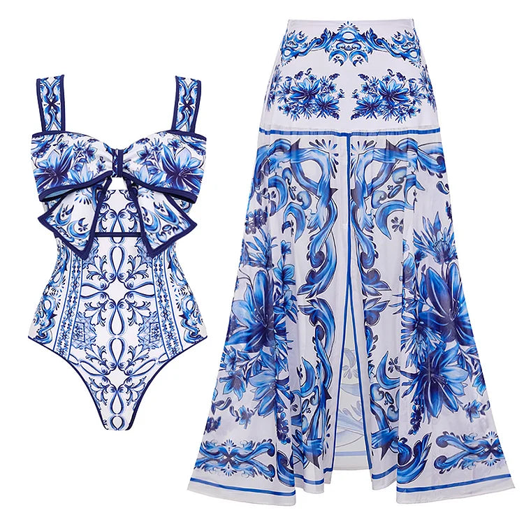 Bow Decor Majolica Print Swimsuit - Elegant Beachwear