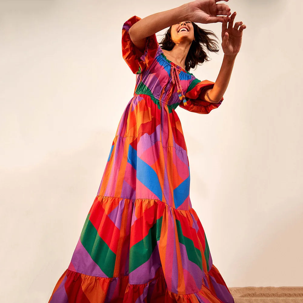 Gradient Color Block Wrap Maxi Dress - Printed Summer Evening Dress