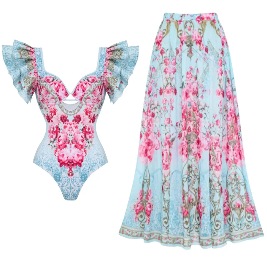 Lemon Floral Print Swimsuit - Ruffle Cutout Beachwear