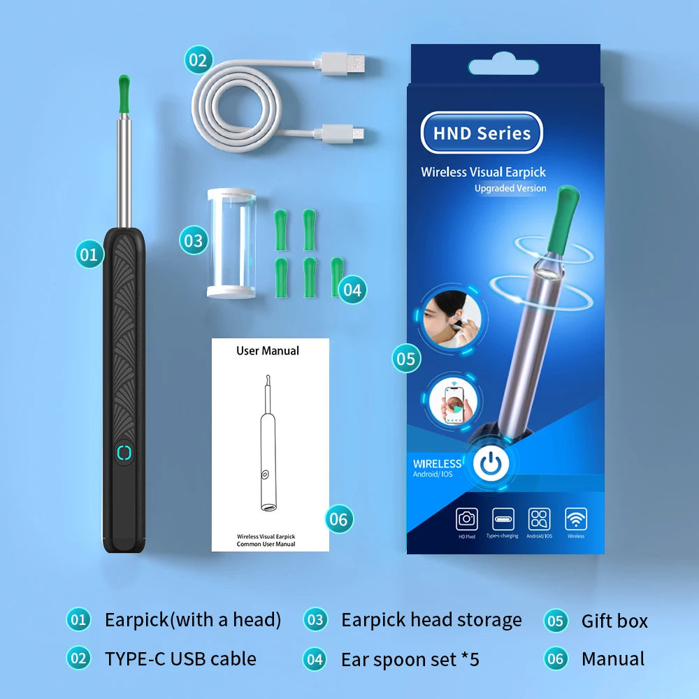 HND Series Wireless Visual Earpick set with packaging, earpick, USB cable, and accessories on a blue background.
