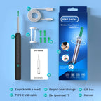 HND Series Wireless Visual Earpick set with packaging, earpick, USB cable, and accessories on a blue background.