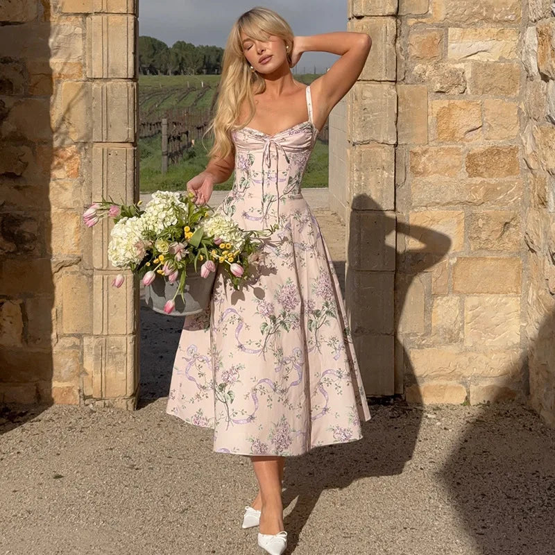 Floral Print Backless Midi Dress - Cottagecore Style