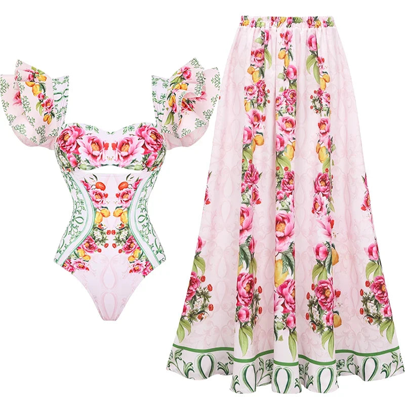 Lemon Floral Swimsuit - Ruffle Cutout Style