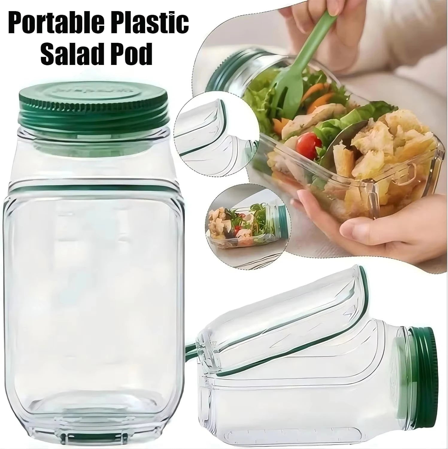 Portable plastic salad pod with green lid, showing a salad inside, and a person holding it.