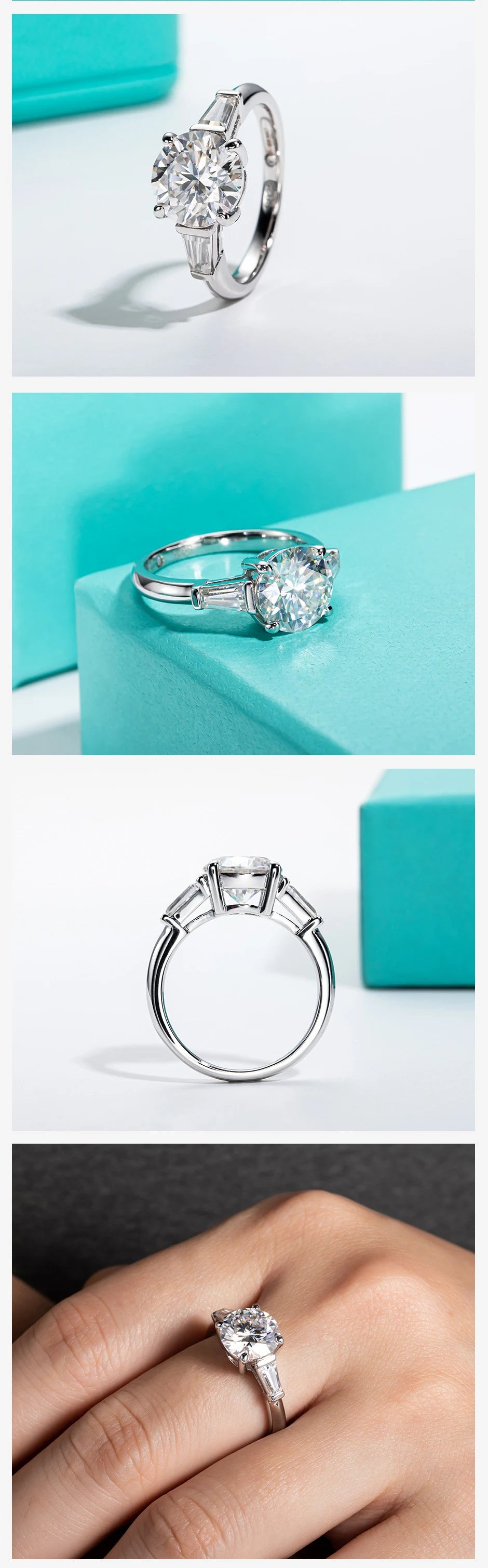 Silver ring with a large diamond on a white background