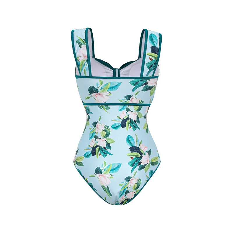 Bow Decor Magnolia Print Swimsuit - Elegant Beachwear