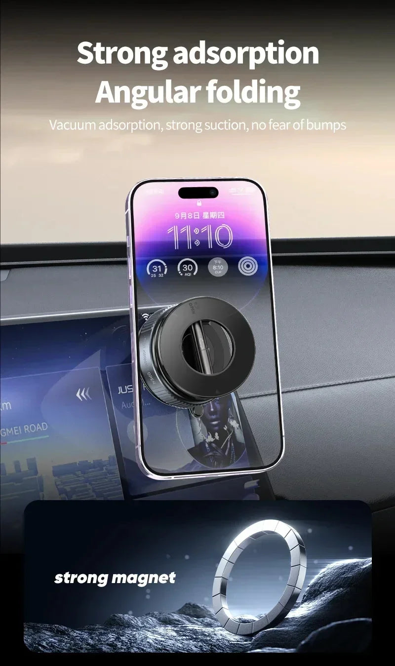 Smartphone holder with digital display on a car dashboard, featuring strong adsorption and angular folding.