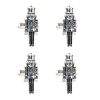 Four silver nutcracker-shaped bottle stoppers on a white background