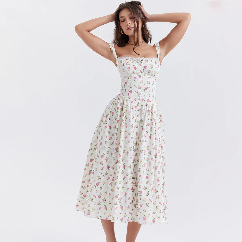 Spaghetti Strap Button Lace-Up Midi Dress with Pockets - Cottagecore Style