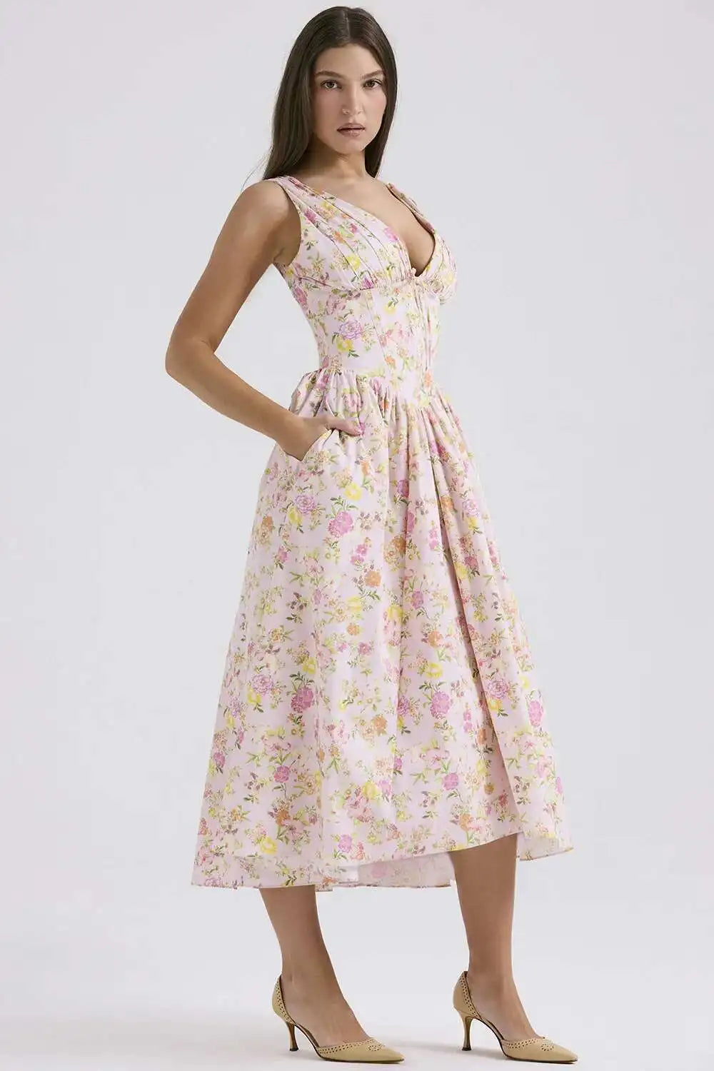 Floral Print Wrap Midi Dress - Spaghetti Strap A-Line - Cottagecore Style