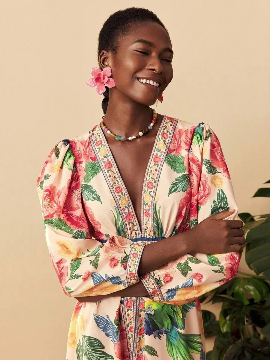 Bohemian Lantern Sleeve Midi Dress - V-Neck Loose Fit Dress