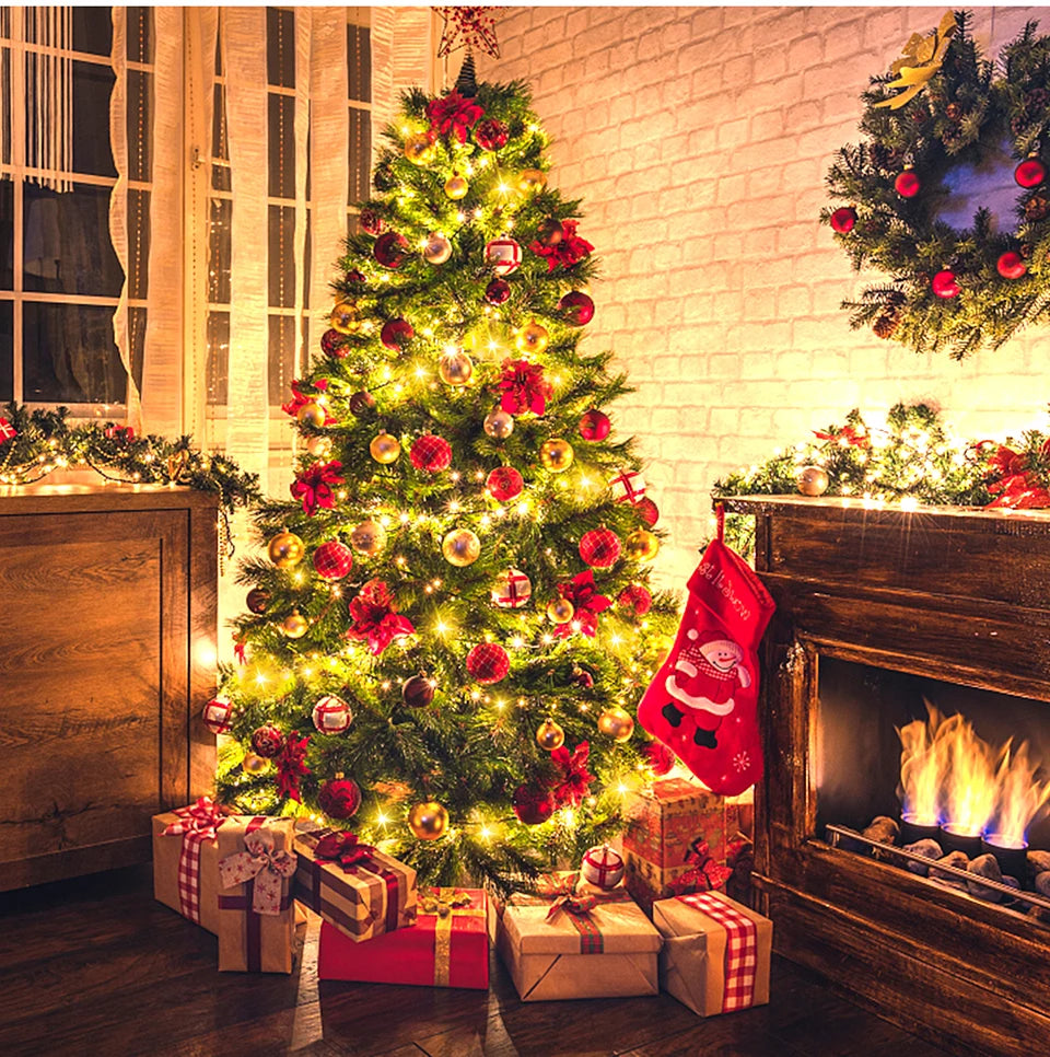 Decorated Christmas tree with lights and ornaments in a cozy room with a fireplace.